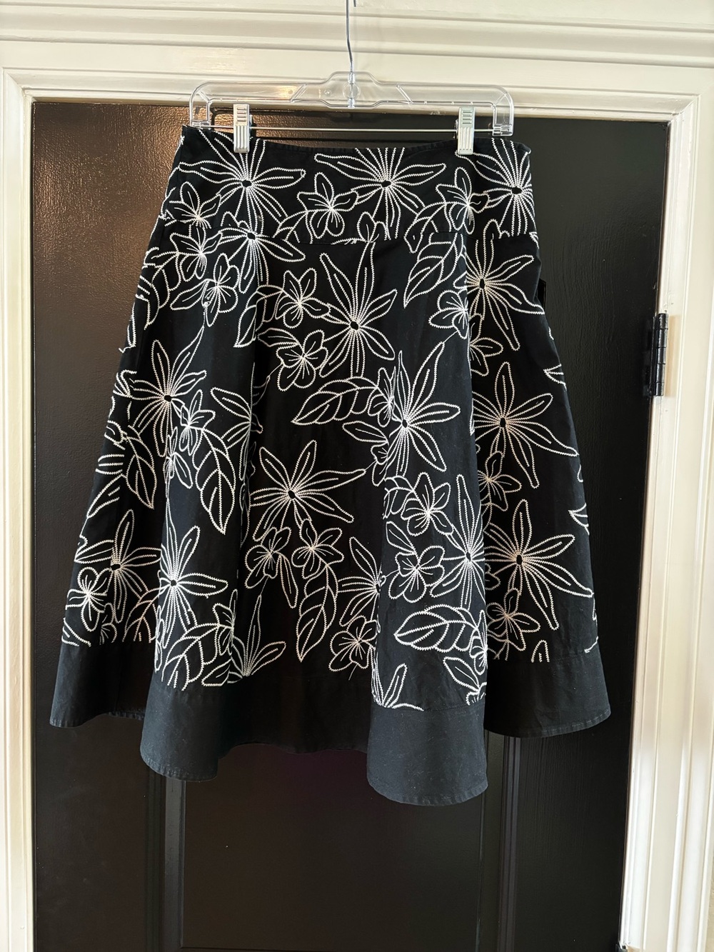White House Black Market Black A-Line Skirt with White Floral Embroidery
